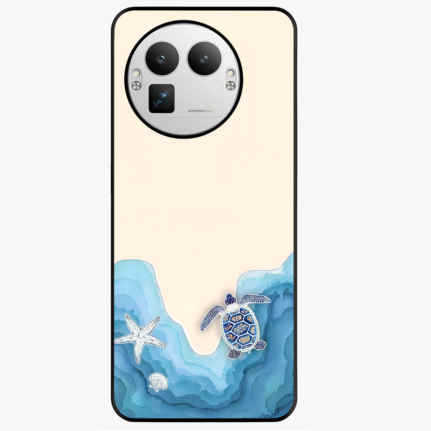 Ocean Drift Turtle Glass Case showing flat back view with sea turtle artwork and glossy glass finish.