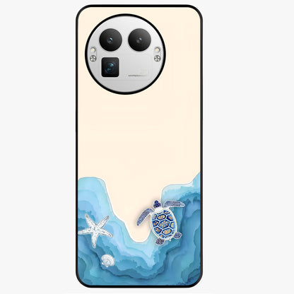 Ocean Drift Turtle Glass Case showing flat back view with sea turtle artwork and glossy glass finish.