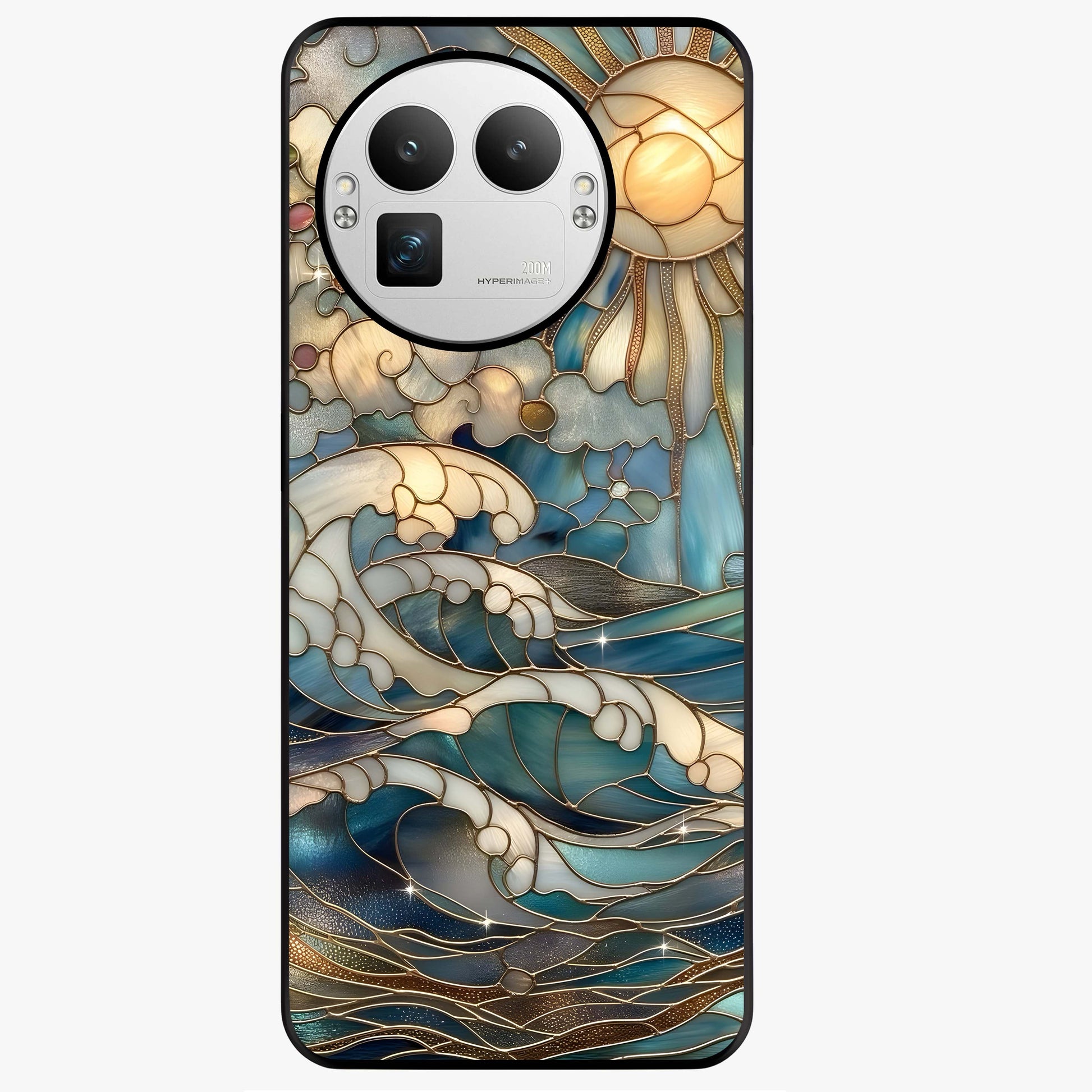 Oceanic Stained Printed Glass Case showing flat back view with ocean inspired stained pattern artwork and glossy glass finish.