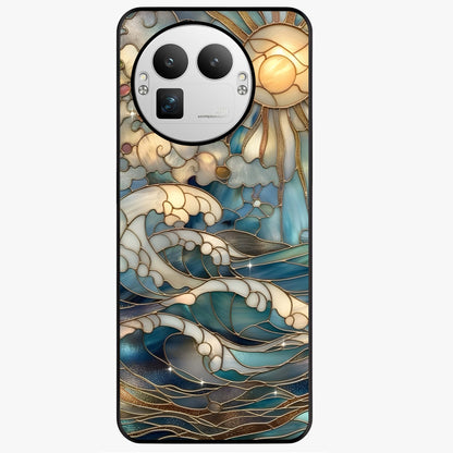 Oceanic Stained Printed Glass Case showing flat back view with ocean inspired stained pattern artwork and glossy glass finish.