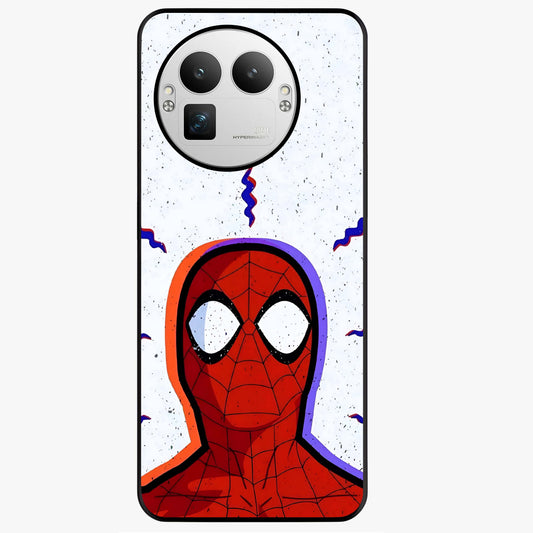 Omg Spiderman Glass Case showing flat back view with bold superhero inspired artwork and glossy glass finish.