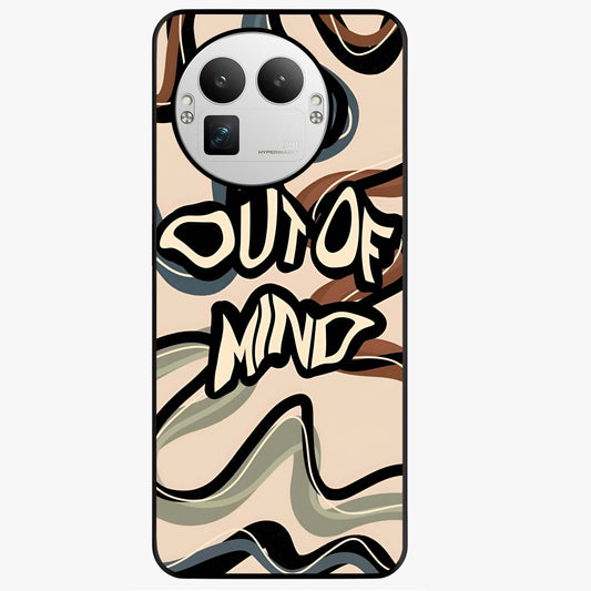 Out Of Mind Glass Case showing flat back view with expressive typography artwork and glossy glass finish.