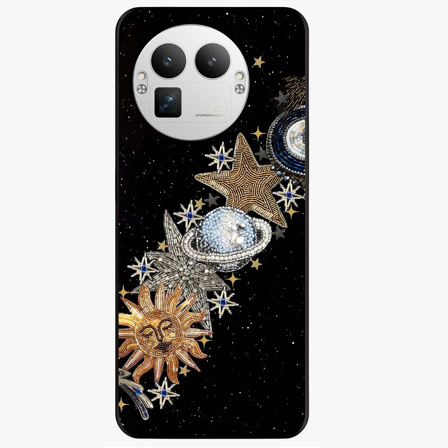 Pearls Universe Object Glass Case showing flat back view with pearl inspired cosmic artwork and glossy glass finish.