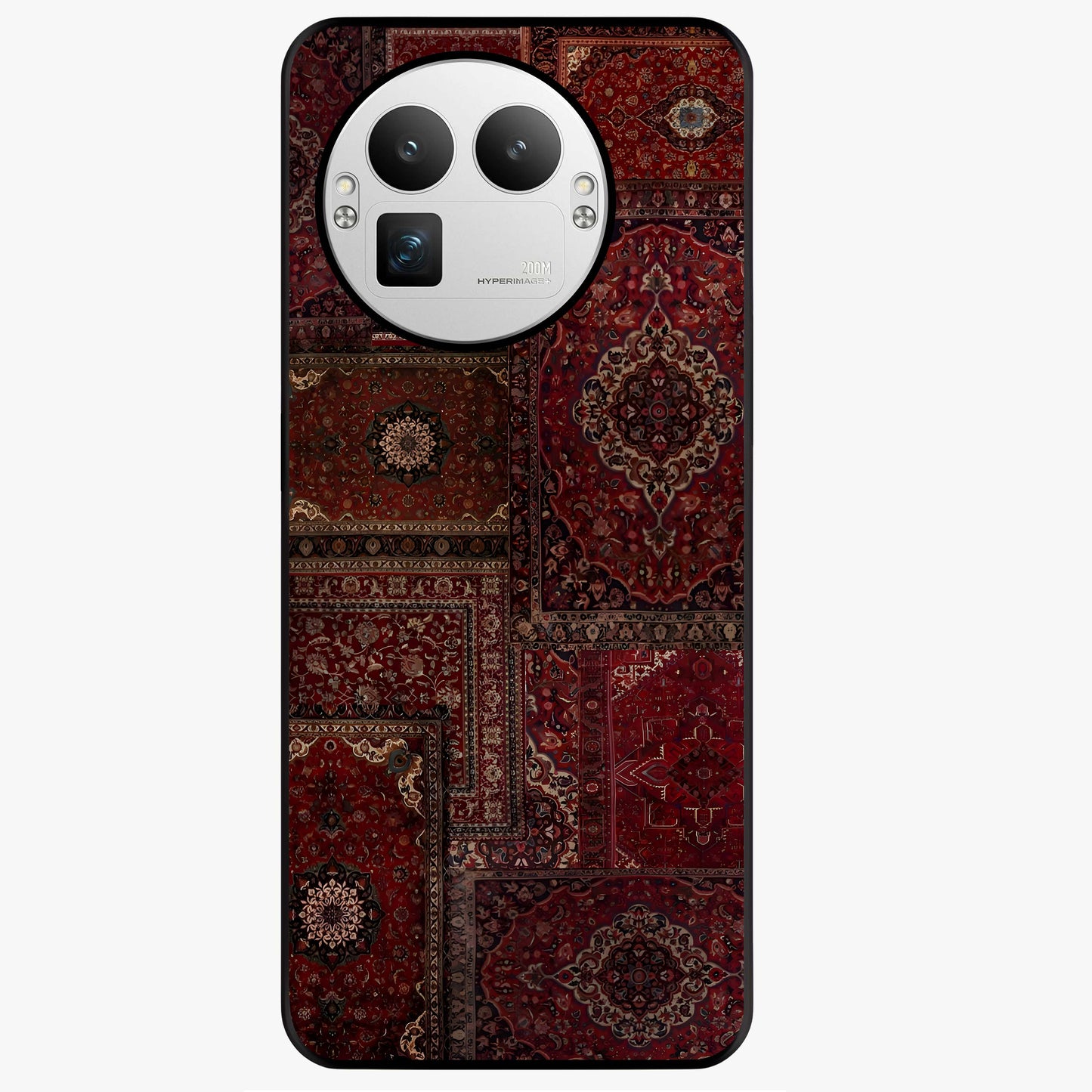 Persian Velvet Tale Glass Case showing flat back view with luxurious Persian velvet pattern artwork and glossy glass finish.