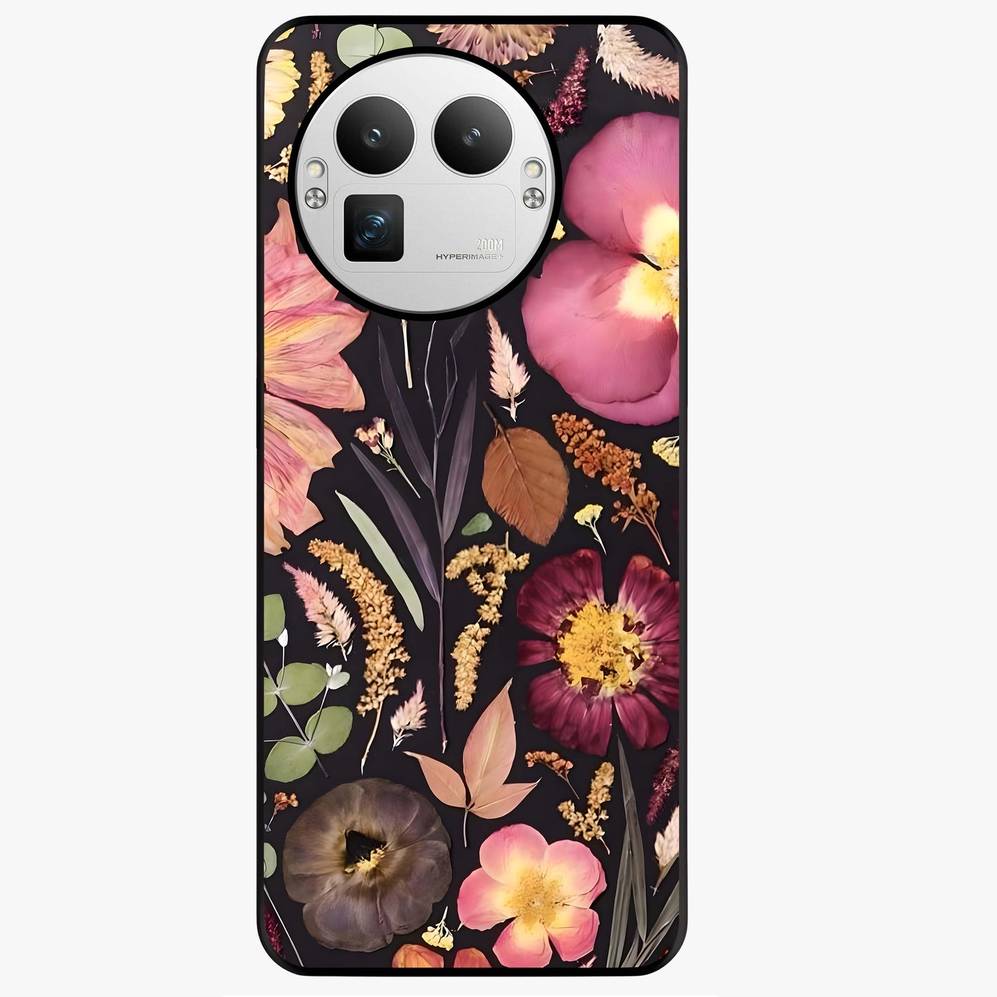 Petal Dream Tapestry Glass Case showing flat back view with intricate floral tapestry artwork and glossy glass finish.
