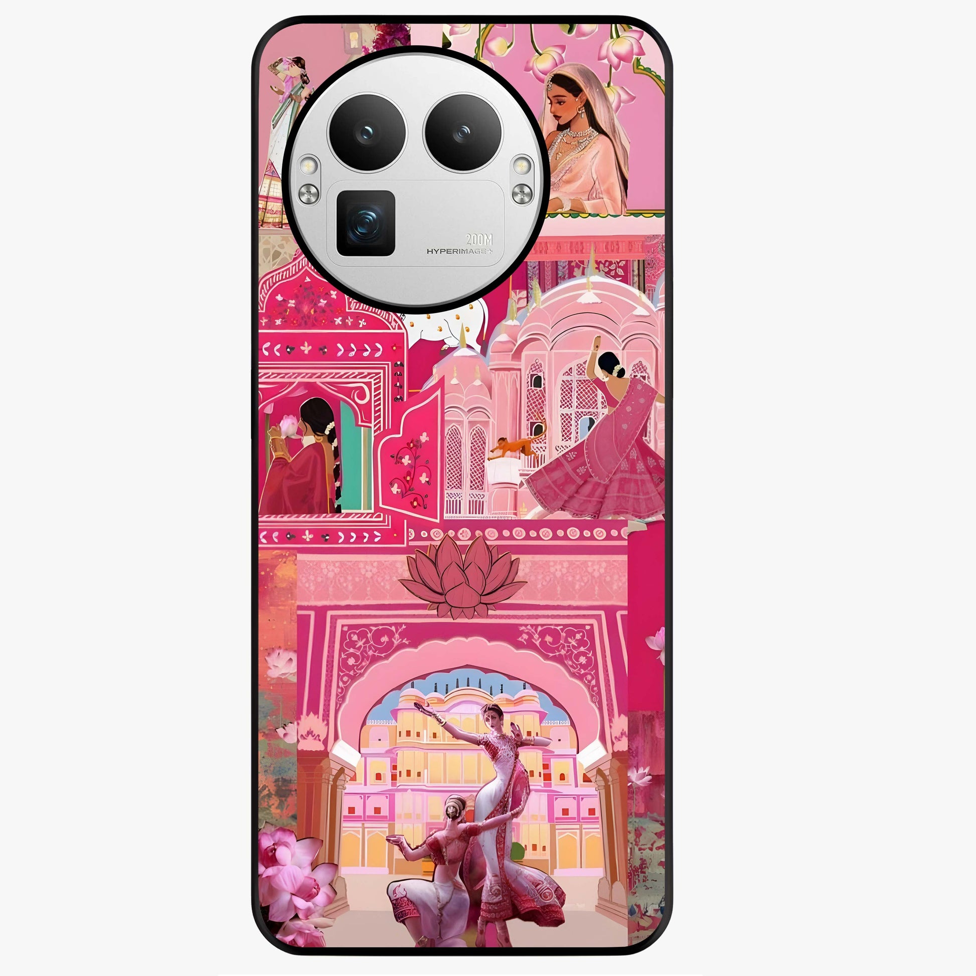 Pink Palace Muse Glass Case showing flat back view with elegant palace inspired artwork and glossy glass finish.