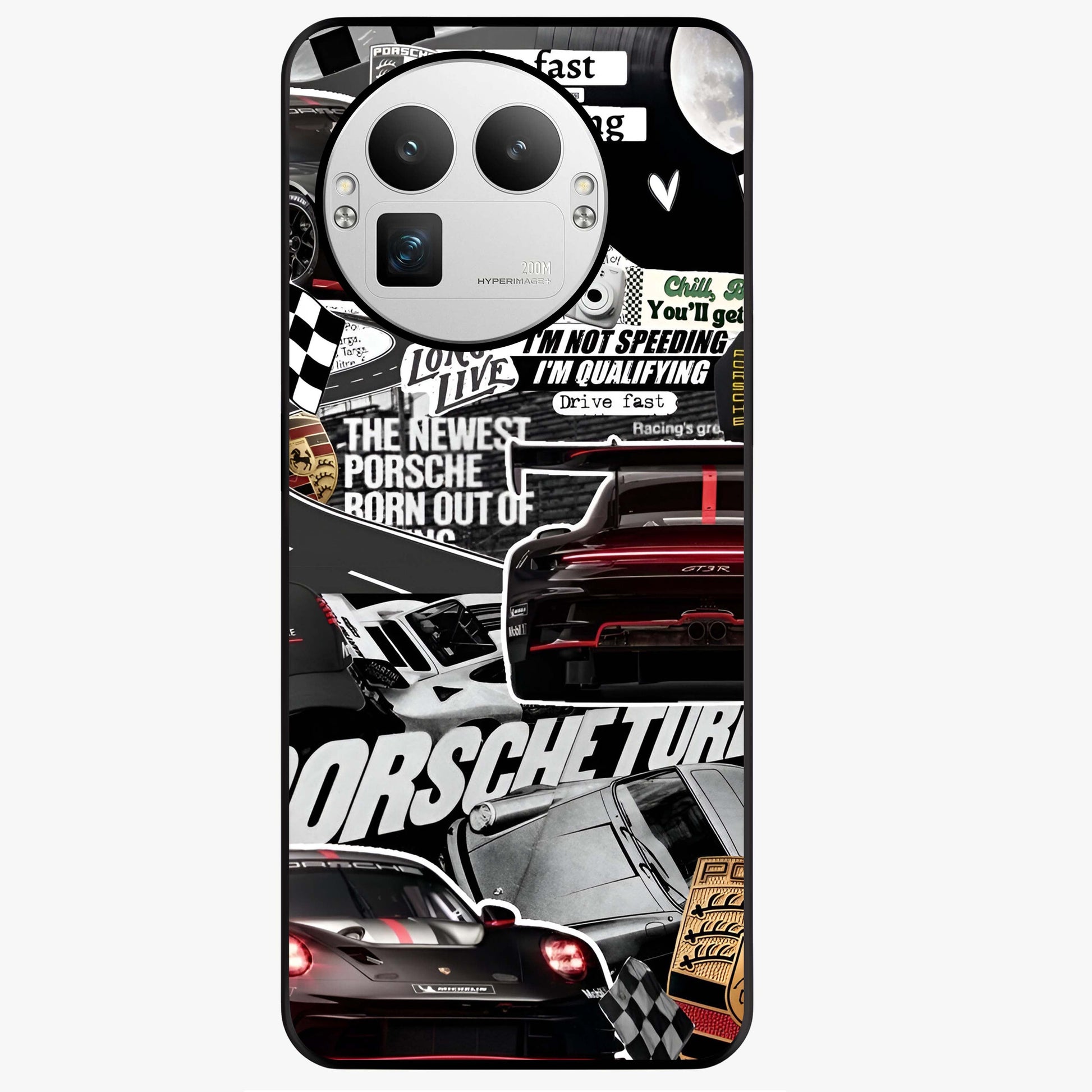 Porsche Racing Collage Glass Case showing flat back view with sports car racing collage artwork and glossy glass finish.