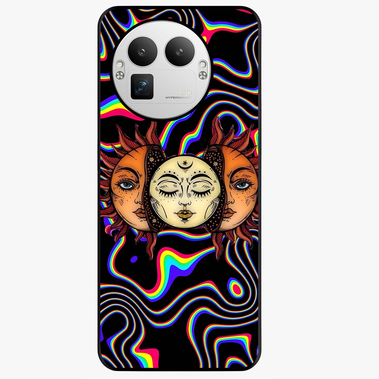 Psychedelic Sun Glass Case showing flat back view with colorful psychedelic sun artwork and glossy glass finish.
