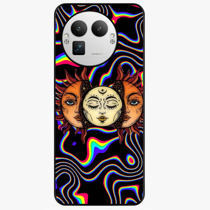 Psychedelic Sun Glass Case showing flat back view with colorful psychedelic sun artwork and glossy glass finish.