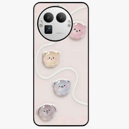 Puffy Face Parade Glass Case showing flat back view with cute puffy character faces artwork and glossy glass finish.