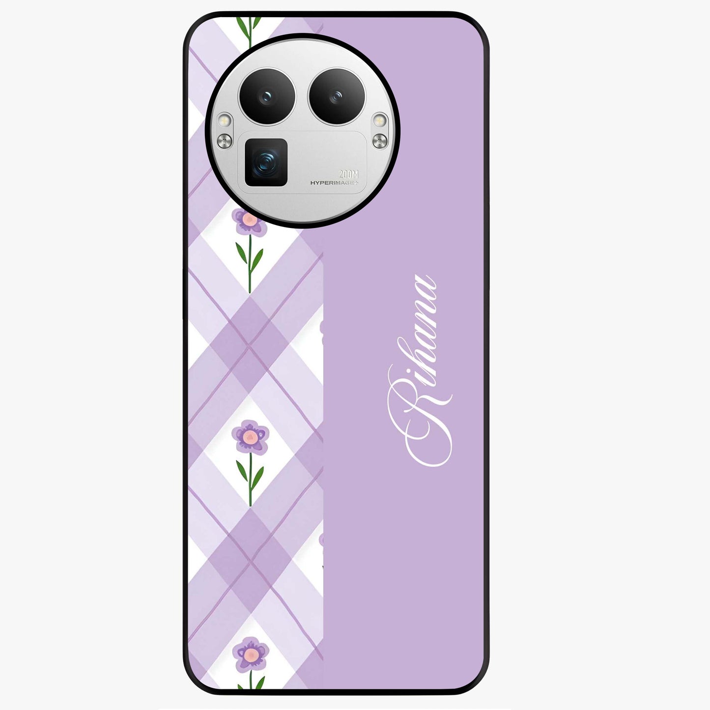 Purple Diamond Floral Glass Case showing flat back view with diamond shaped floral artwork and glossy glass finish.