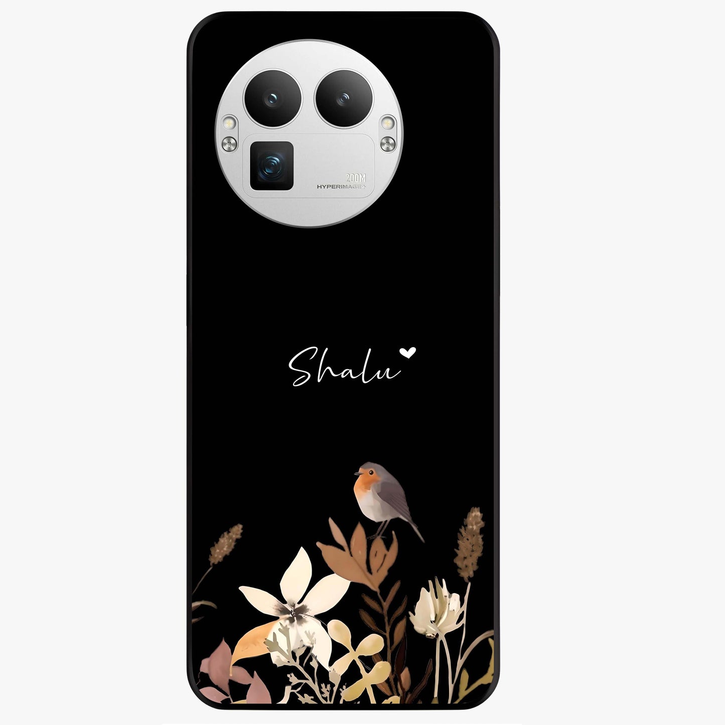 Quiet Garden Tune Custom Name Glass Case showing flat back view with peaceful garden artwork and personalized name design.