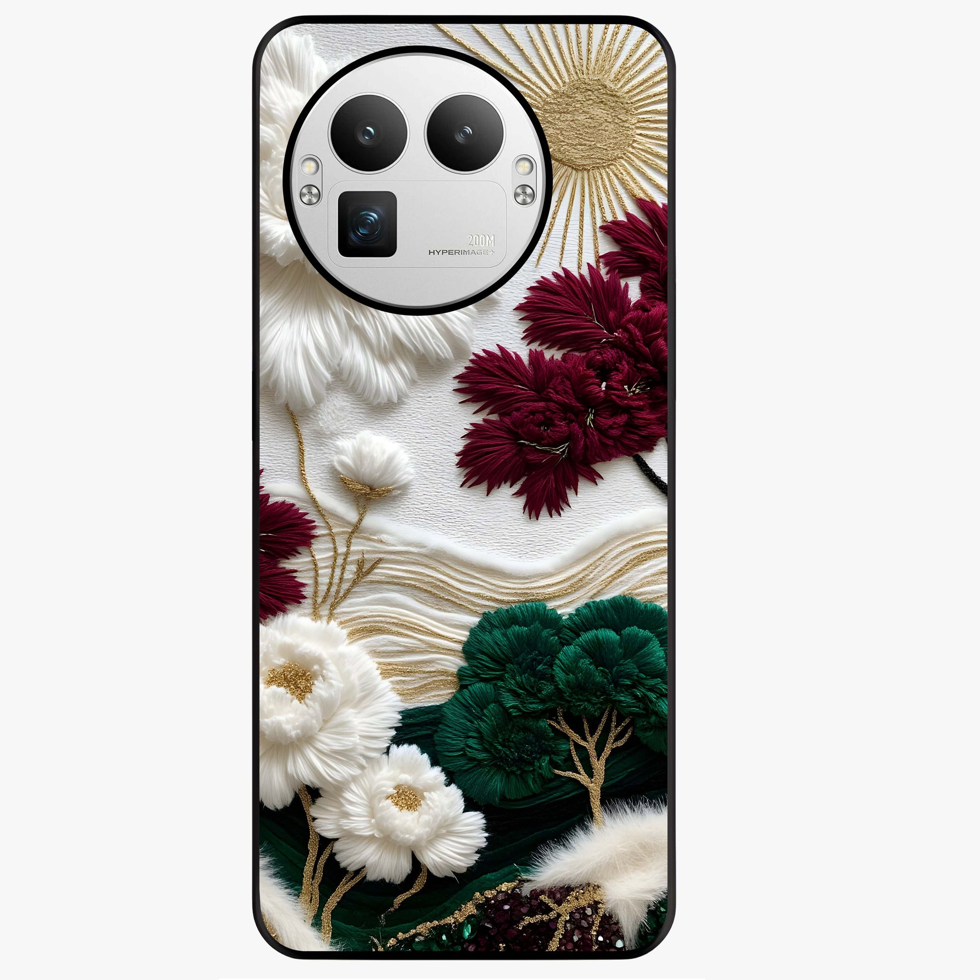 Radiant Bloom Elegance Glass Case showing flat back view with elegant blooming flower artwork and glossy glass finish.