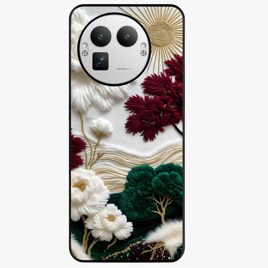 Radiant Bloom Elegance Glass Case showing flat back view with elegant blooming flower artwork and glossy glass finish.