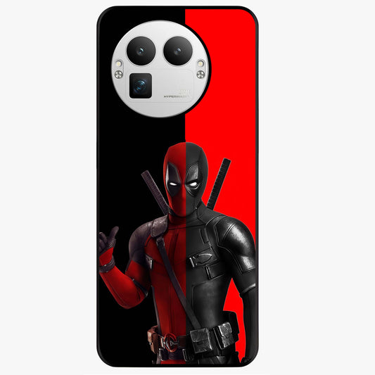 Red & Black Deadpool Theme Glass Case showing flat back view with bold comic inspired artwork and glossy glass finish.