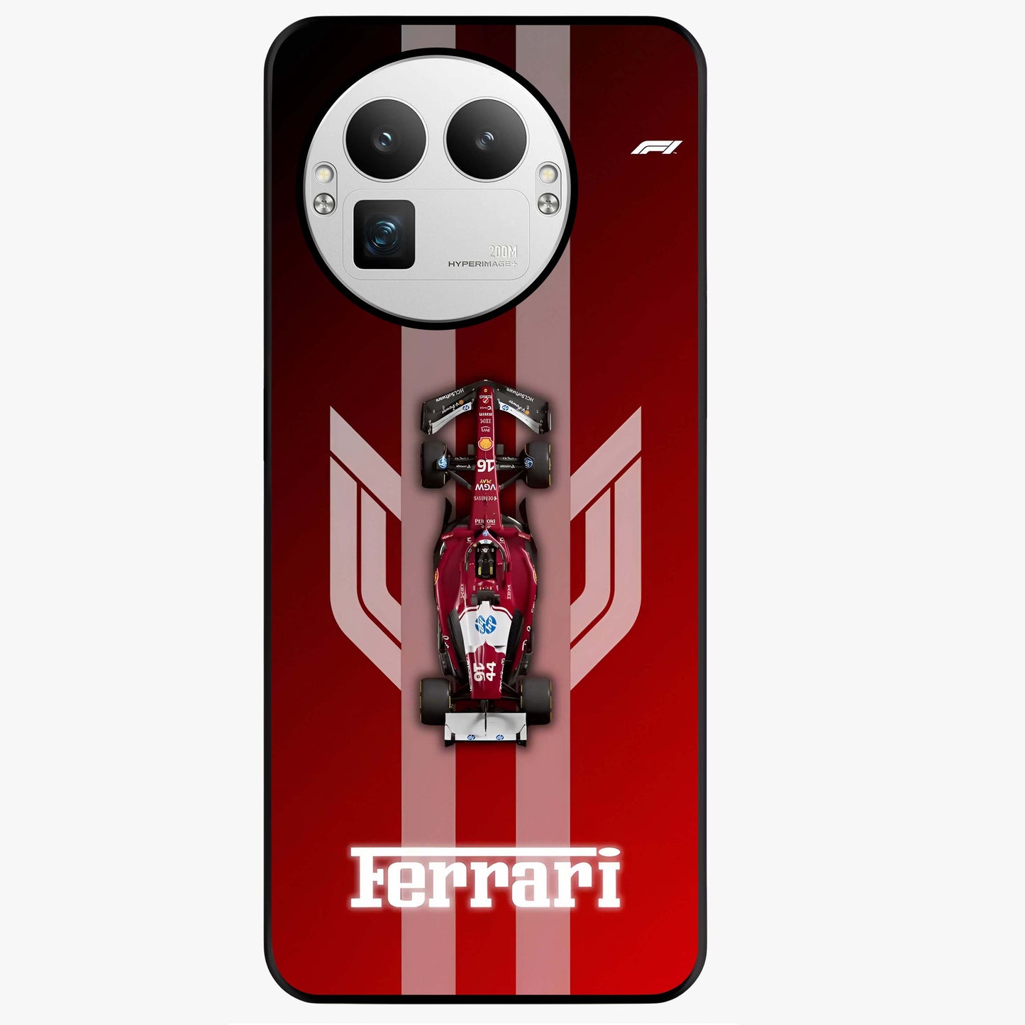 Red Ferrari F1 Vertical Glass Case showing flat back view with sleek Formula racing car artwork and glossy glass finish.