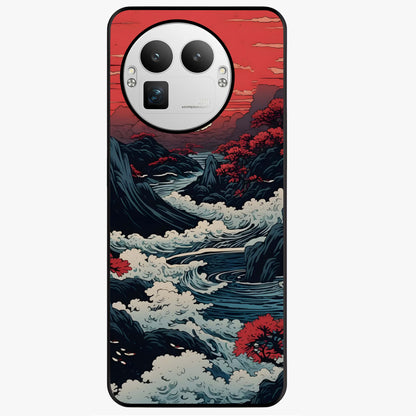 Red Sunset Scenery Glass Case showing flat back view with vibrant sunset landscape artwork and glossy glass finish.