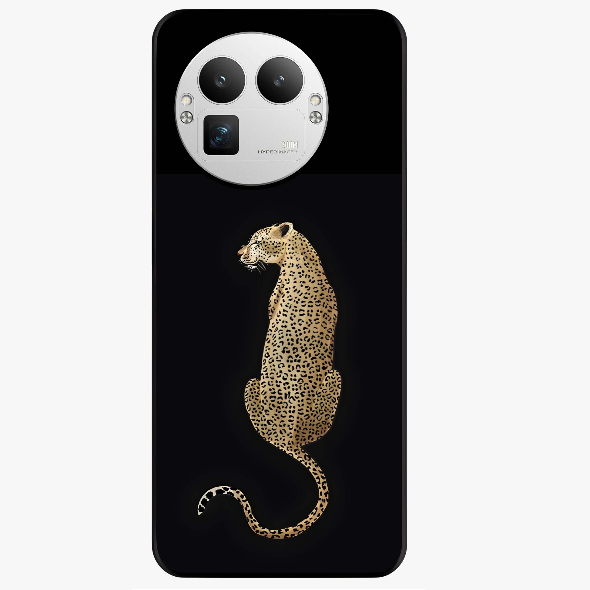 Regal Leopard Glass Case showing flat back view with bold leopard artwork and glossy glass finish.