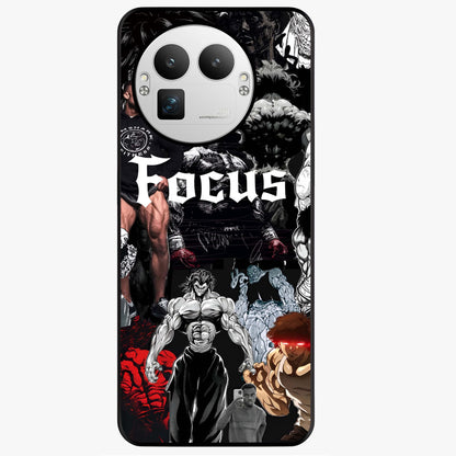 Relentless Power Focus Glass Case showing flat back view with motivational typography artwork and glossy glass finish.