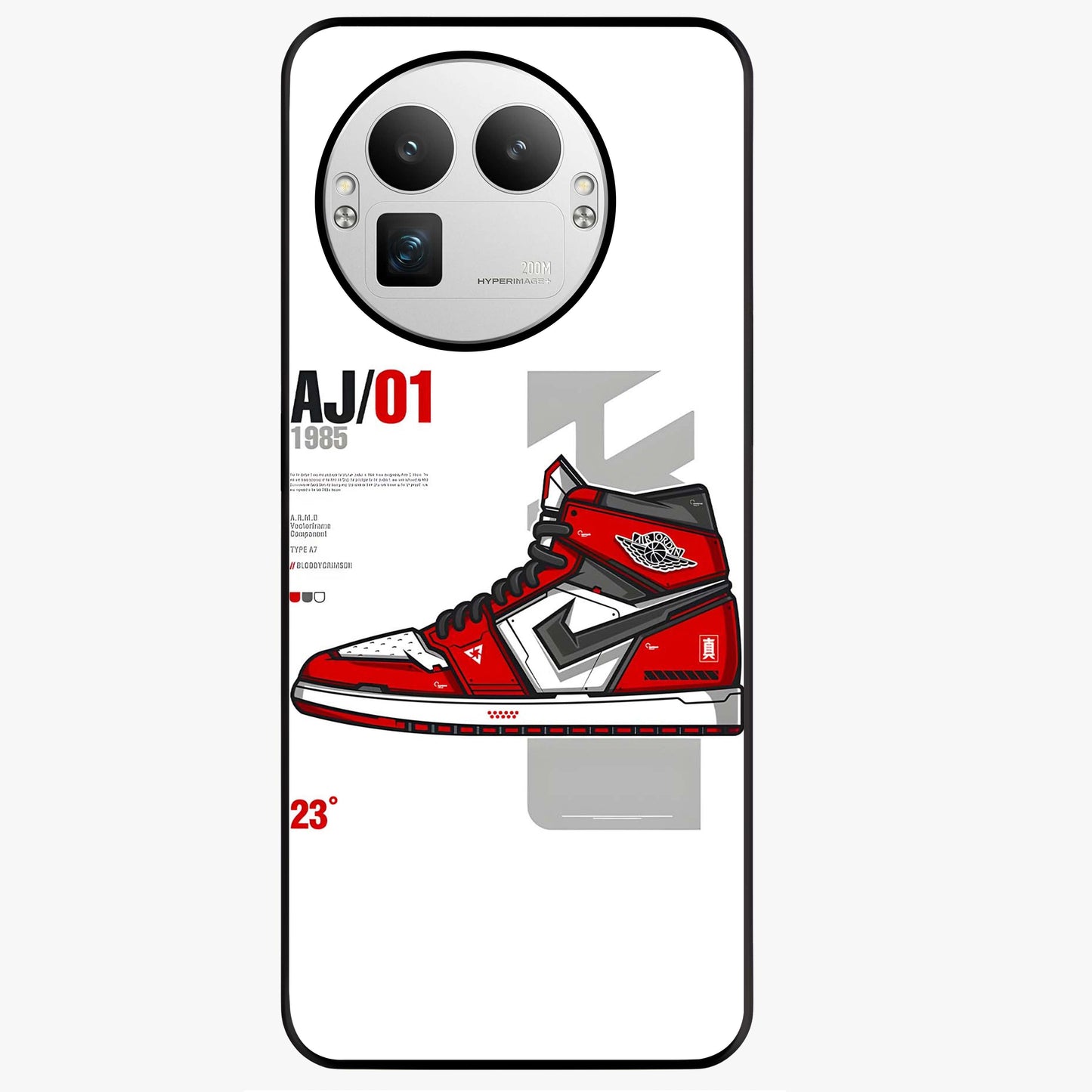 Retro Sneaker Blueprint Glass Case showing flat back view with sneaker blueprint style artwork and glossy glass finish.