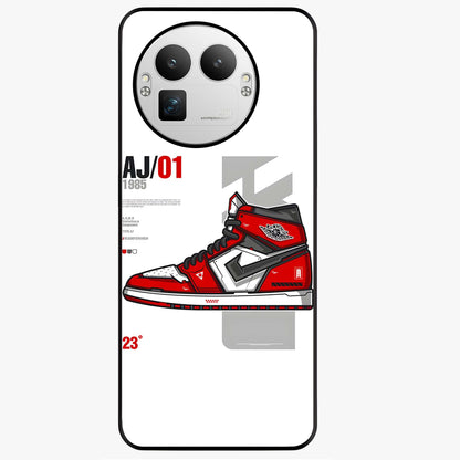 Retro Sneaker Blueprint Glass Case showing flat back view with sneaker blueprint style artwork and glossy glass finish.