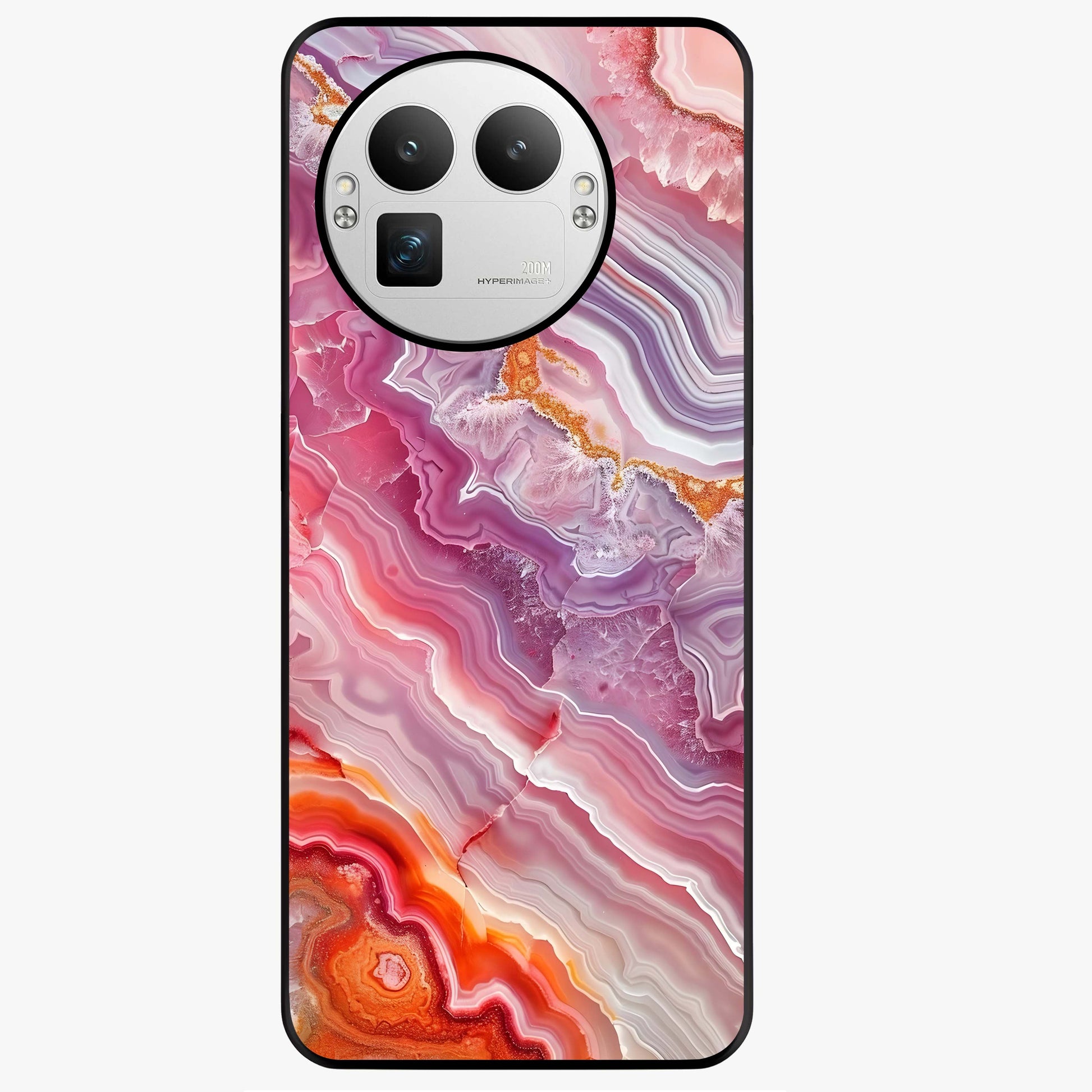 Rose Quartz Marble Glass Case showing flat back view with pink marble quartz texture artwork and glossy glass finish.