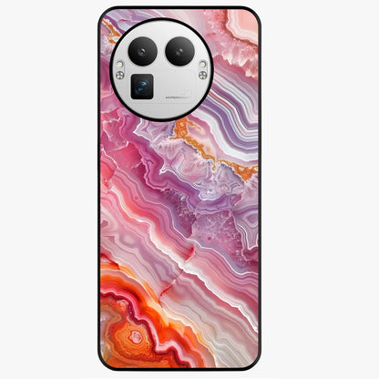 Rose Quartz Marble Glass Case showing flat back view with pink marble quartz texture artwork and glossy glass finish.