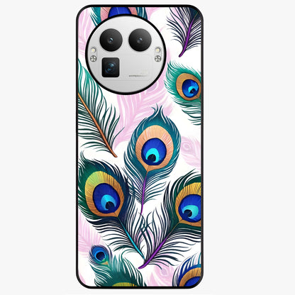 Royal Peacock Feathers Glass Case showing flat back view with colorful peacock feather artwork and glossy glass finish.