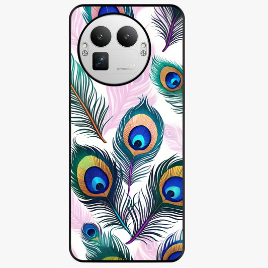Royal Peacock Feathers Glass Case showing flat back view with colorful peacock feather artwork and glossy glass finish.