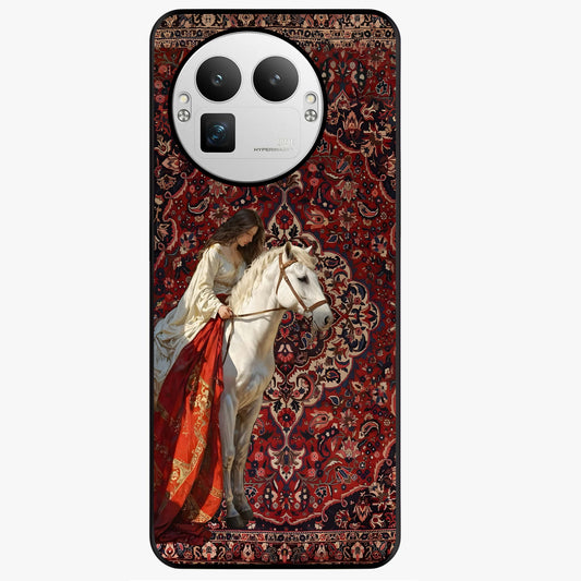 Royal Rider Tapestry Glass Case showing flat back view with majestic horse rider tapestry artwork and glossy glass finish.