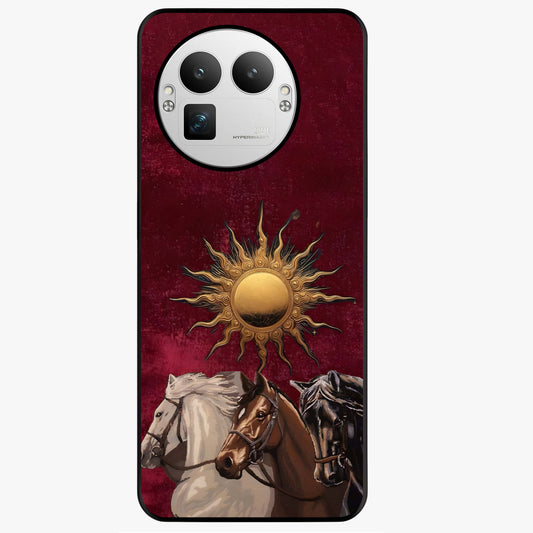 Solar Riders Glass Case showing flat back view with dynamic rider themed artwork and glossy glass finish.