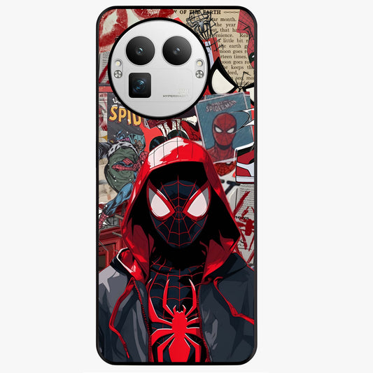 Spider Collage Street Glass Case showing flat back view with vibrant superhero collage artwork and glossy glass finish.