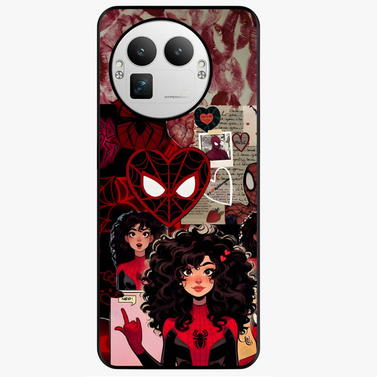 Spider Love Story Glass Case showing flat back view with romantic superhero themed artwork and glossy glass finish.