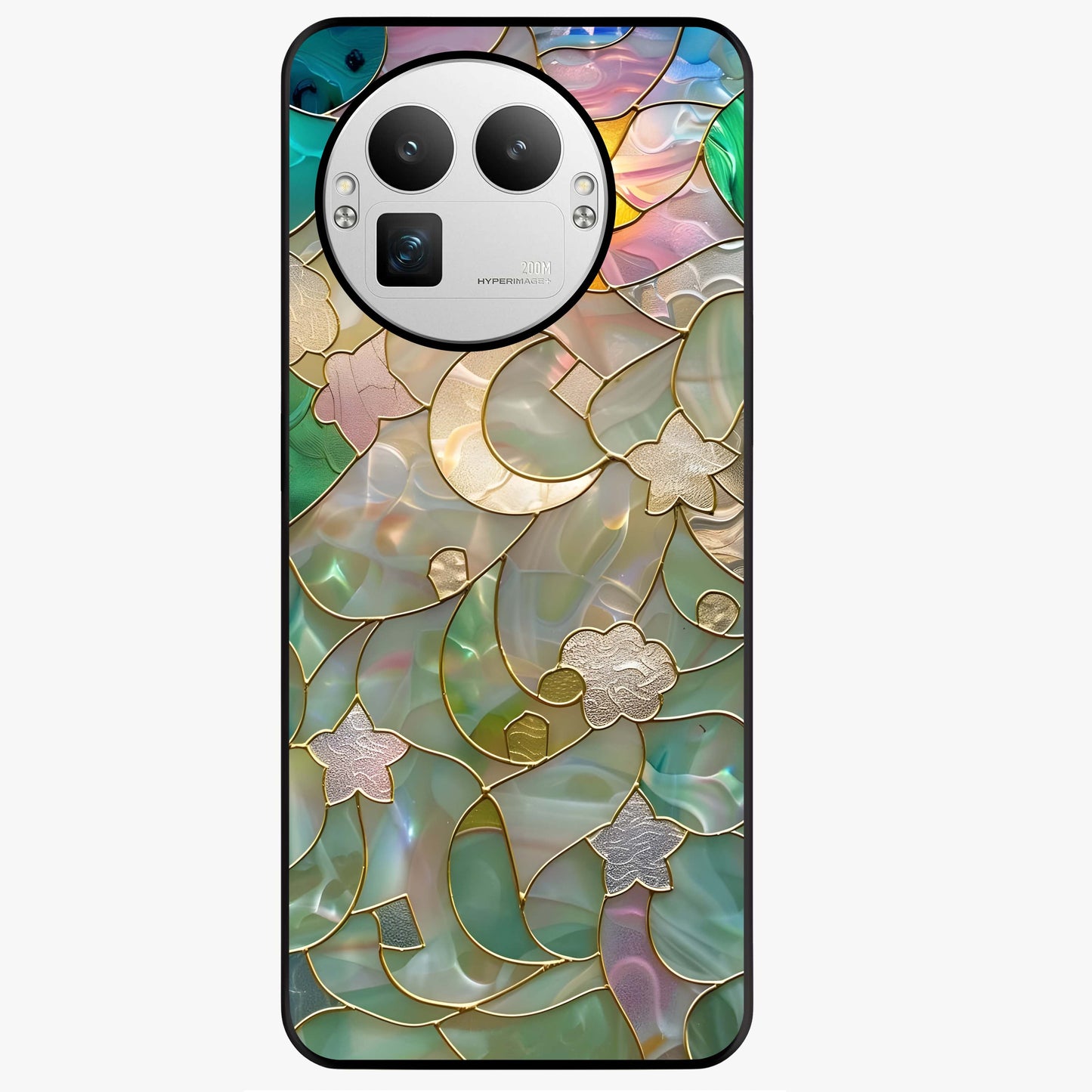 Stained Sunrise Glow Glass Case showing flat back view with glowing sunrise stained pattern artwork and glossy glass finish.