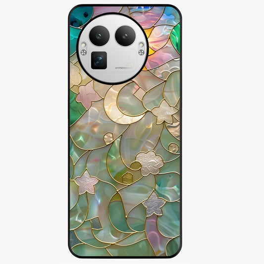 Stained Sunrise Glow Glass Case showing flat back view with glowing sunrise stained pattern artwork and glossy glass finish.