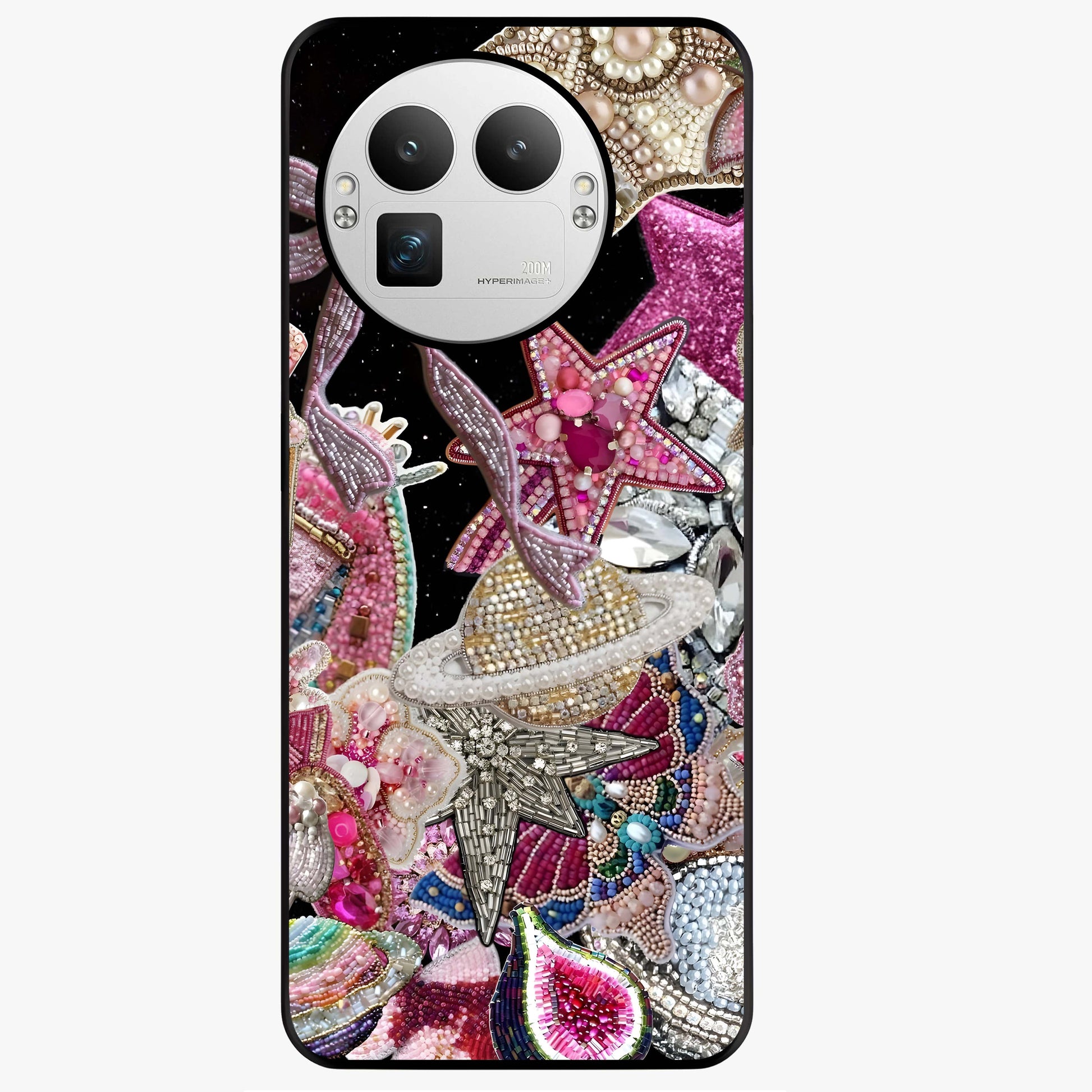 Starlit Jewel Dream Glass Case showing flat back view with sparkling jewel and star themed artwork and glossy glass finish.