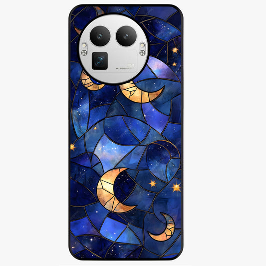 Starlit Sky Tapestry Glass Case showing flat back view with decorative starry sky tapestry artwork and glossy glass finish.