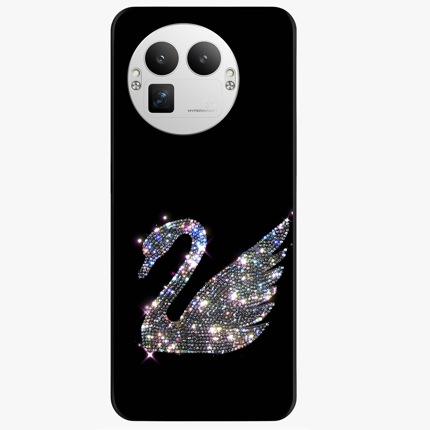 Starlit Swan Grace Glass Case showing flat back view with graceful swan artwork under starry sky and glossy glass finish.