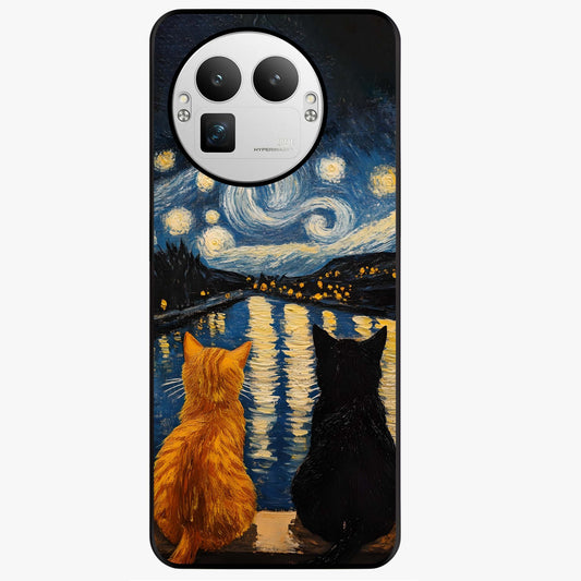 Starry River Cats Glass Case showing flat back view with cats by a starry river artwork and glossy glass finish.
