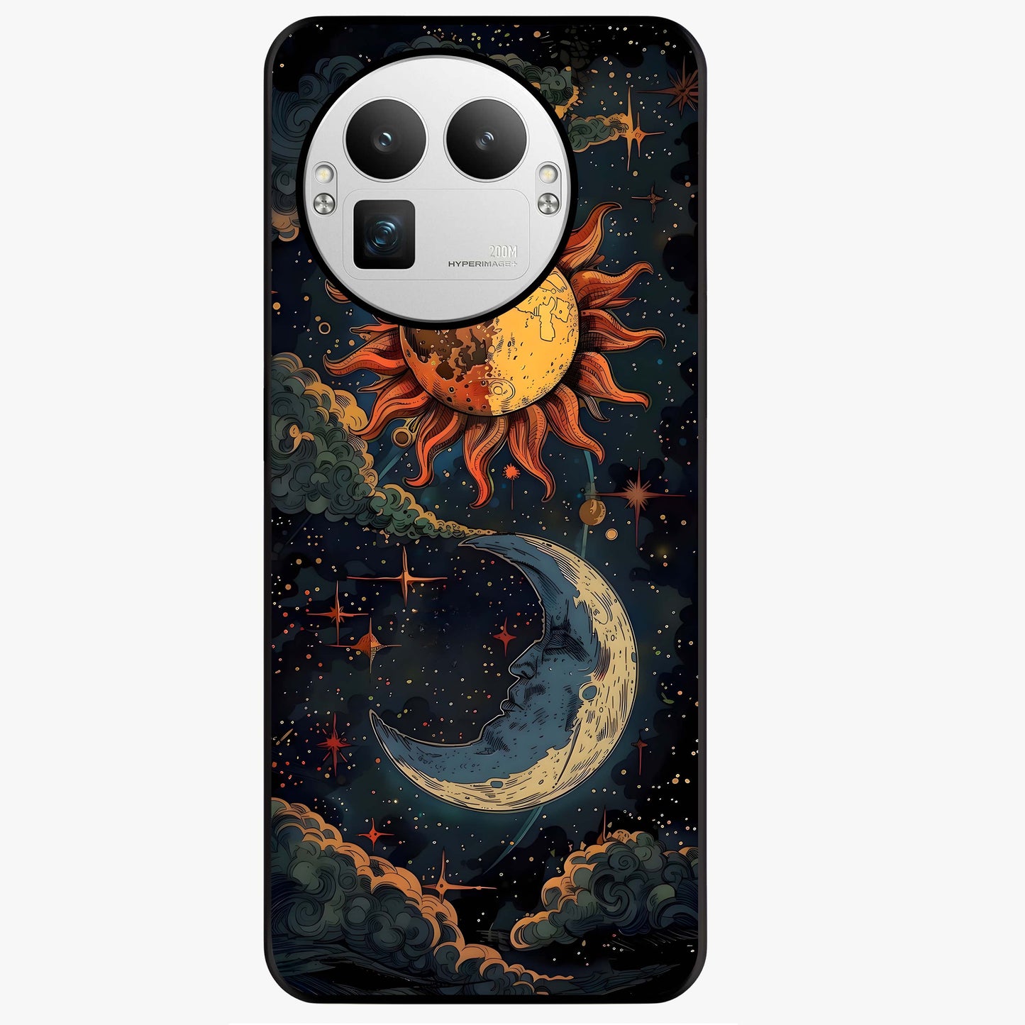 Sun And Moon Magic Design Glass Case showing flat back view with mystical sun and moon artwork and glossy glass finish.