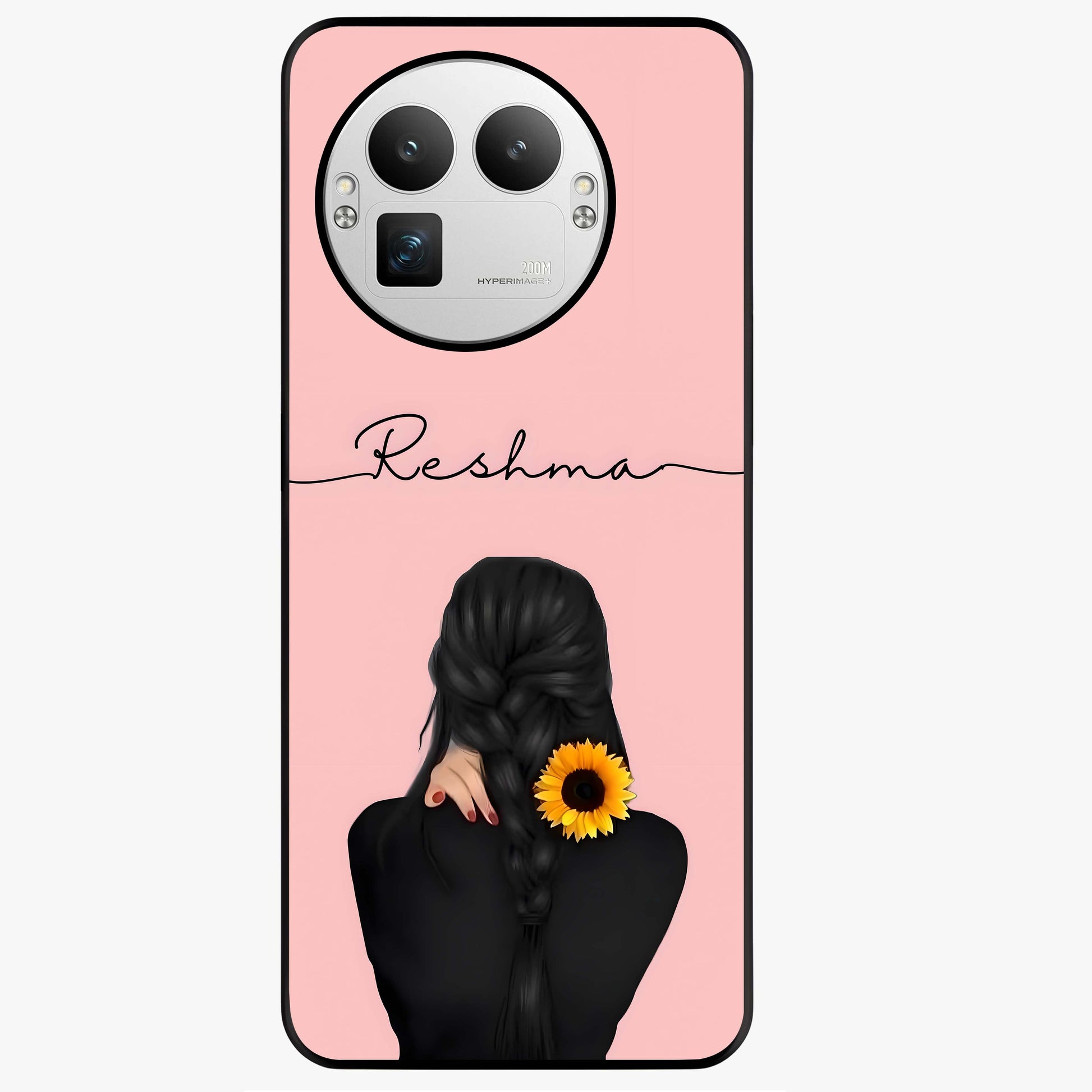 Sunflower Braid Beauty With Custom Name Glass Case showing flat back view with sunflower braid artwork and personalized name design.