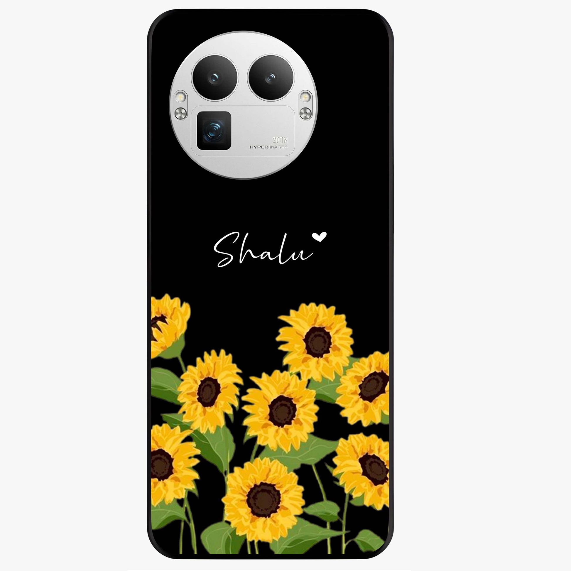 Sunflower Chic Mood Custom Name Glass Case showing flat back view with stylish sunflower artwork and personalized name design.
