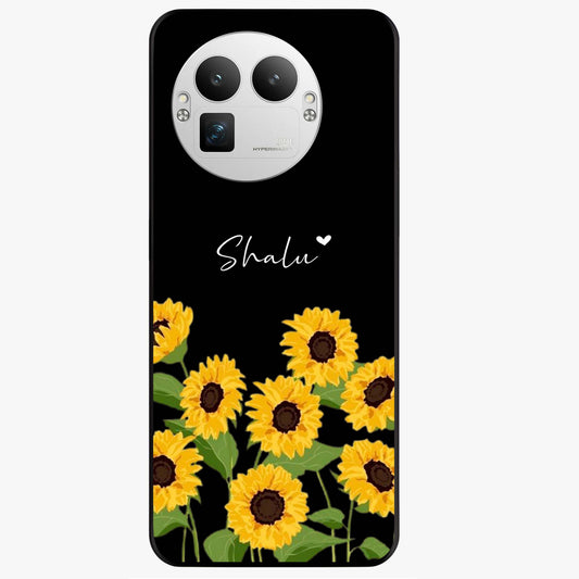 Sunflower Chic Mood Custom Name Glass Case showing flat back view with stylish sunflower artwork and personalized name design.