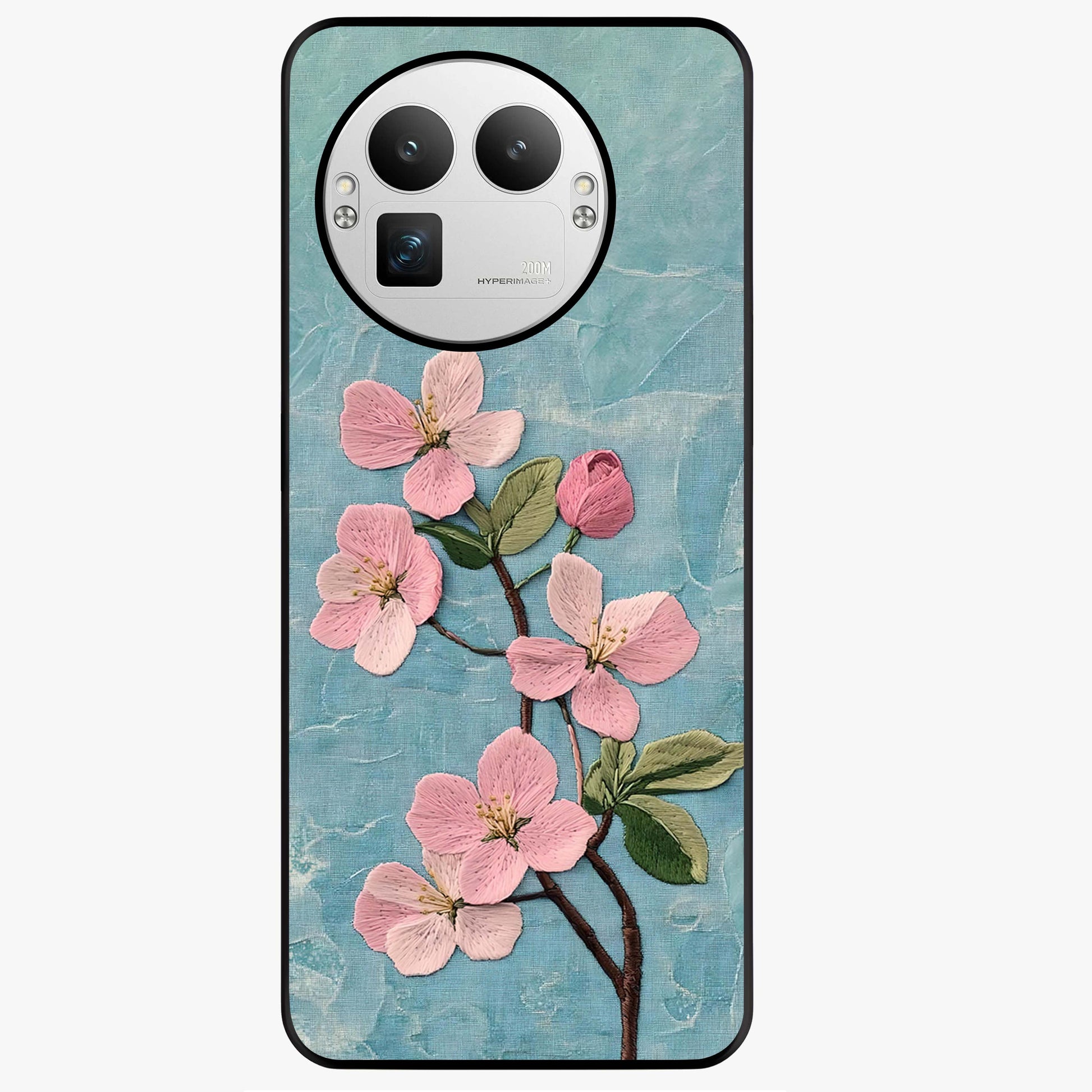 Threaded Blossom Breeze Glass Case showing flat back view with delicate blossom artwork and glossy glass finish.