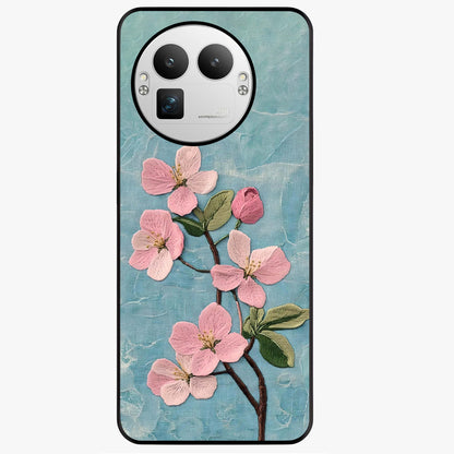 Threaded Blossom Breeze Glass Case showing flat back view with delicate blossom artwork and glossy glass finish.