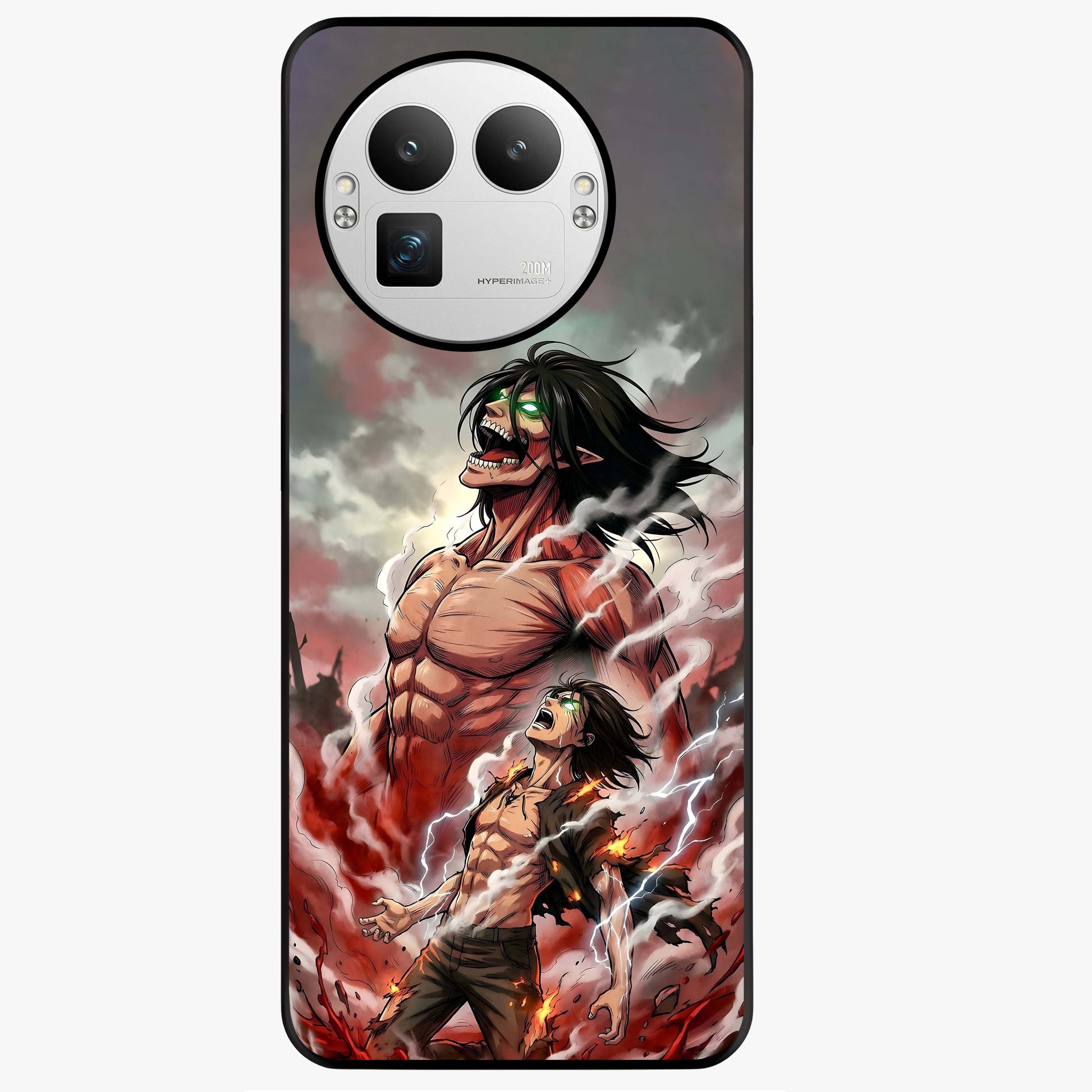 Titan Awakening Fury Glass Case showing flat back view with powerful titan inspired artwork and glossy glass finish.