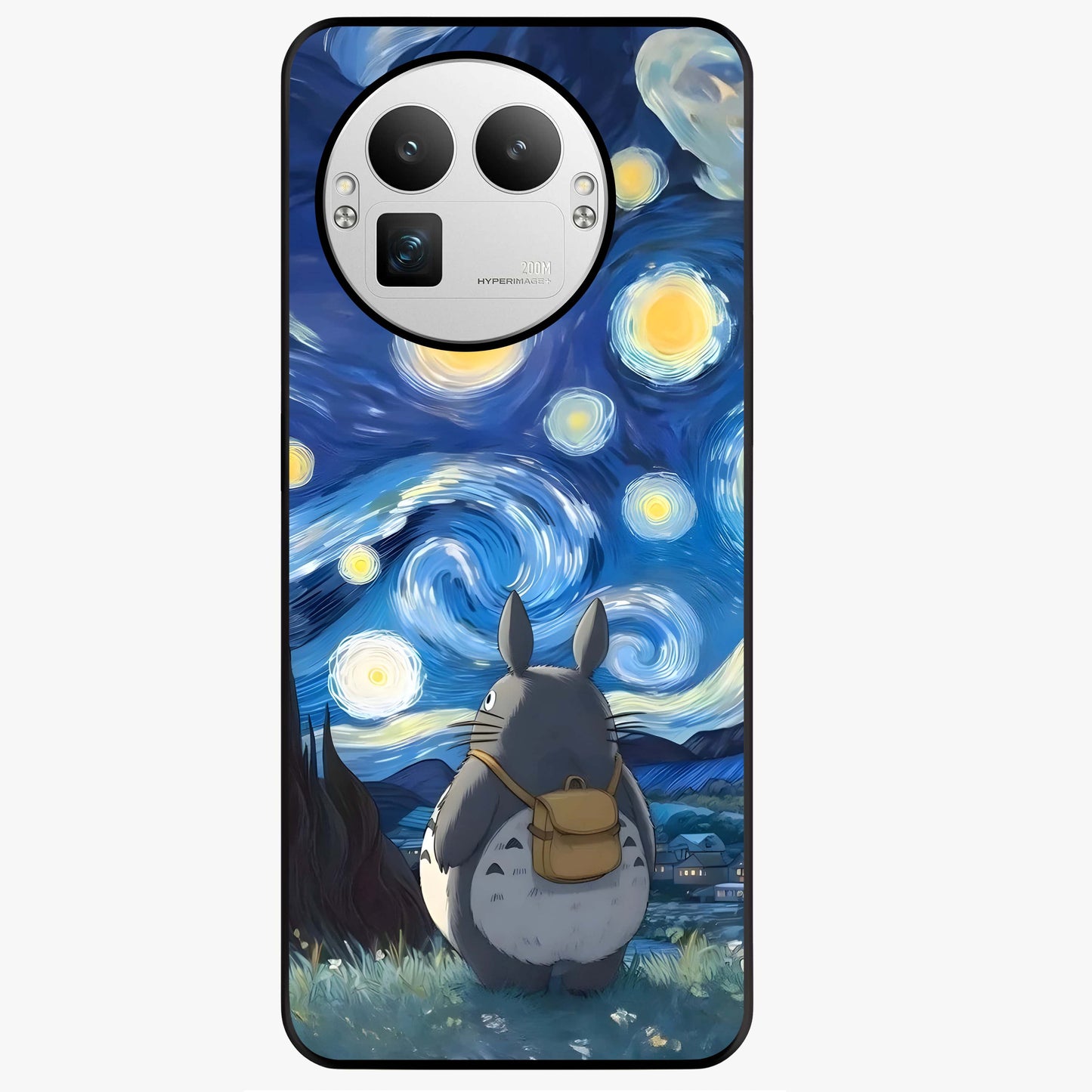 Totoro In Van Gogh Art Glass Case showing flat back view with whimsical character artwork inspired by Van Gogh style and glossy glass finish.
