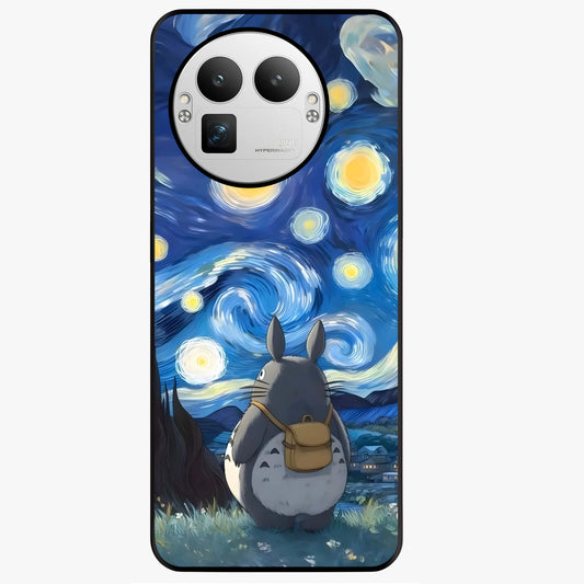 Totoro In Van Gogh Art Glass Case showing flat back view with whimsical character artwork inspired by Van Gogh style and glossy glass finish.