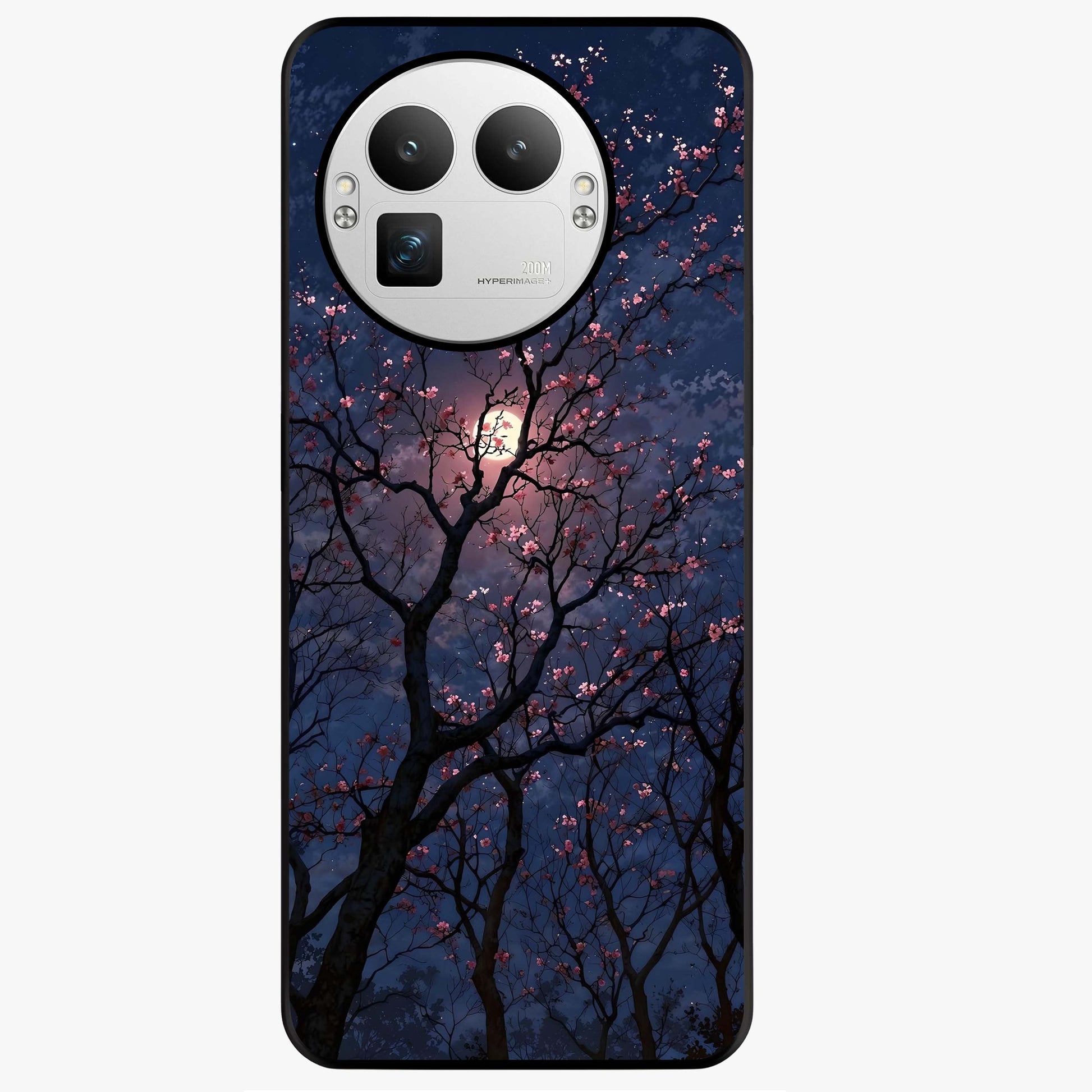 Twilight Sakura Serenade Glass Case showing flat back view with cherry blossom artwork at twilight and glossy glass finish.