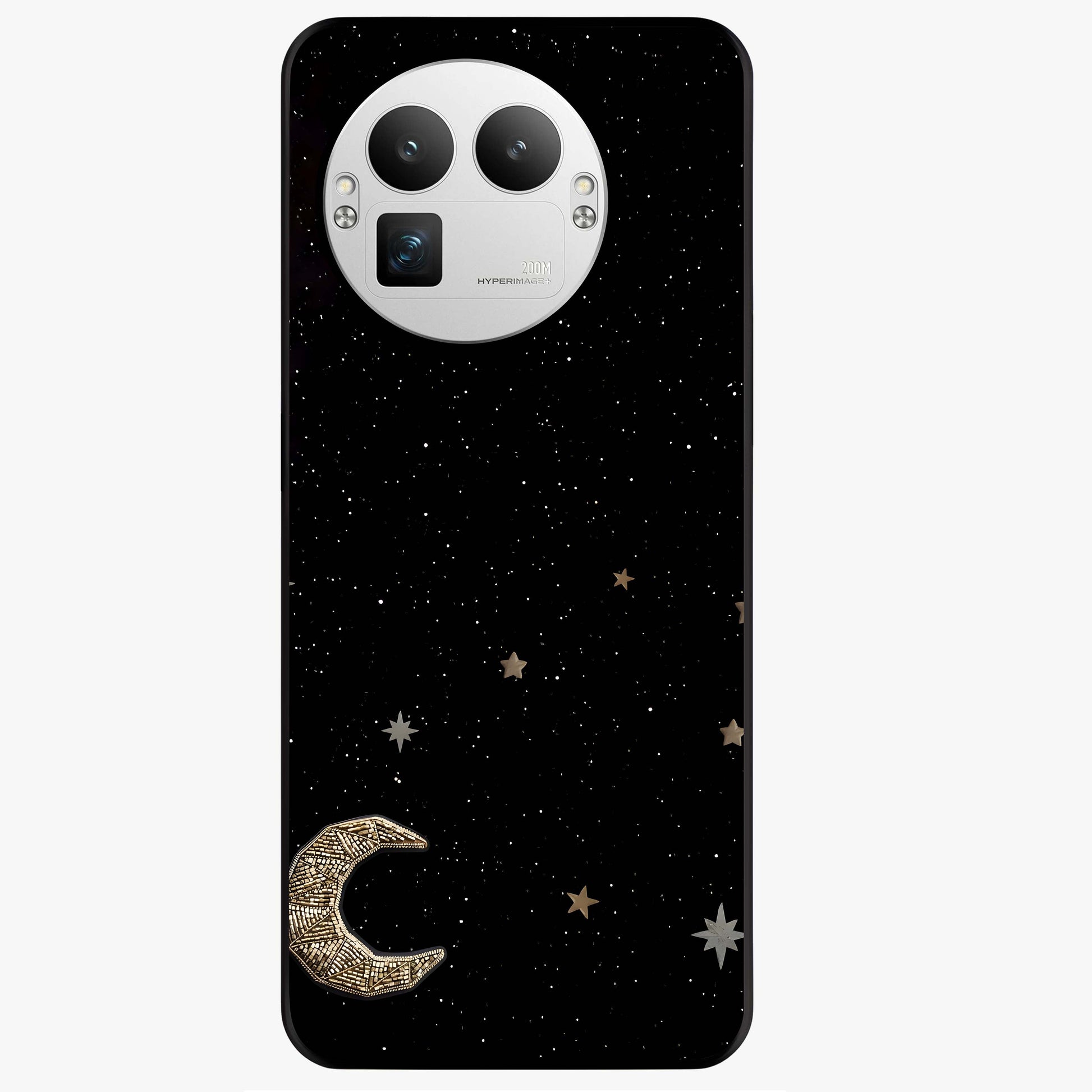 Twinkle Star With Half Moon Glass Case showing flat back view with star and half moon artwork and glossy glass finish.